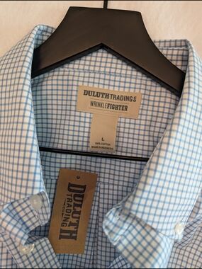 Duluth Trading Wrinklefighter Button Down Shirt Large Blue Check NWT Cotton NEW